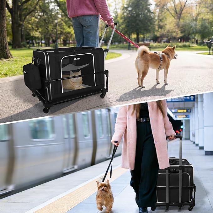 Petskd Side Expandable Extra Large Cat Carrier with Wheels and Litter Box, 24"x17"x17" Soft-Sided Pet Carrier for 2 Cats Under 55 lbs with Zipper Locks for Car Travel (Black)