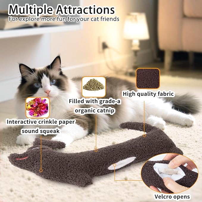 ETEKYER Refillable Catnip Toys, 13.77 Inches Cat Toys for Indoor Cats with Crinkle, Safe Teeth Cleaning Cat Kicker Toys, Interactive Plush Kitten Nip Chew Toys and All Breeds (Brown)