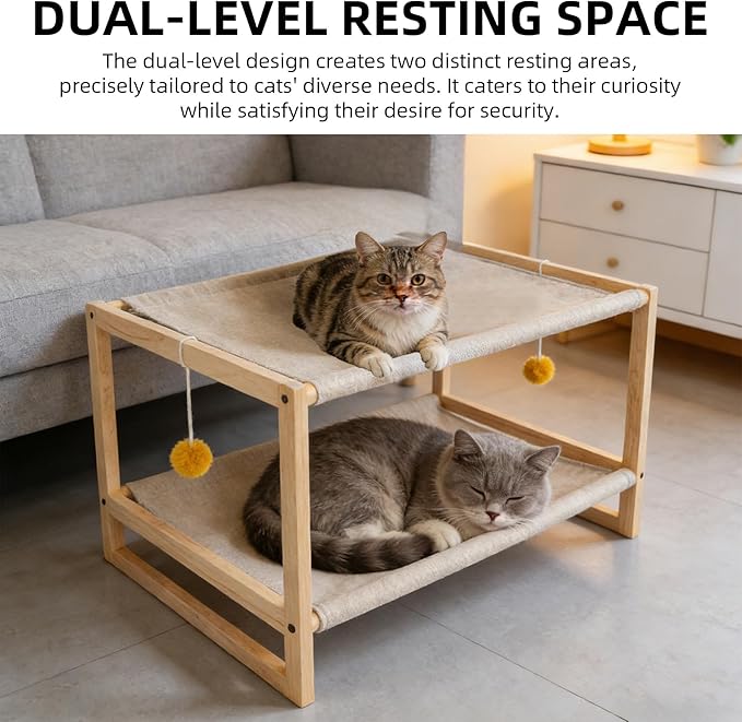 2 Layer Cat Hammock Bed, Pine Wood Bunk Bed for Cats with Removable Washable Cover, 45 lbs/Tier Capacity, Elevated Pet Bed Includes Tools & Toys (23.6" x 16.5" x 13")
