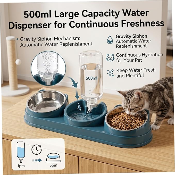 Cat Food and Water Bowl Set, 3 Bowl Cat Feeding Station with Automatic Water Dispenser, Elevated Tilted Bowls for Easy Eating, Dark Blue..