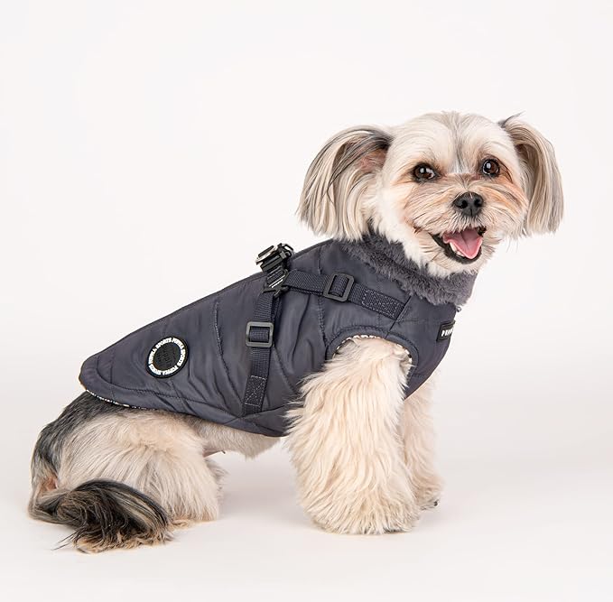 Puppia Donavan Winter Dog Coat with Integrated Harness No Pull Cold Weather Waterproof Warm Fleece Back Zipper for Small & Medium Dog, Grey, Small
