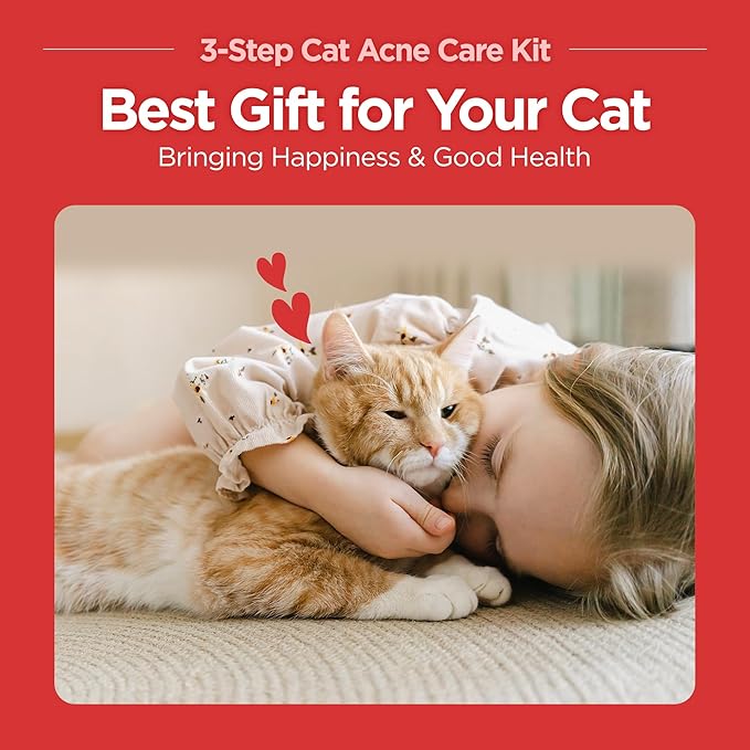 JAYU PET 3-Step Cat Acne Care Kit - Hypoallergenic Cleanser for Feline Acne, Cat Black Chin(1EA) Double-Sided Pads, Cat Acne Chin Wipes(30PCS) Soft Grooming Cat Acne Silicone Brush(1EA)