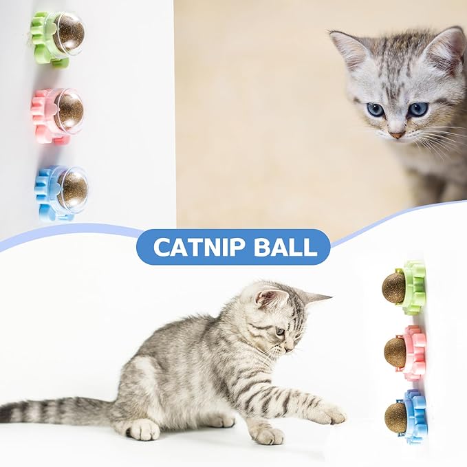 4 Packs Catnip Ball for Cats, Lickable Cat Toys Wall Mount with 360° Rolling & Spinning, Organic Cat Nip Chew Toys for Teeth Cleaning, Mint Magic Catnip Ball Toy for Indoor Cats
