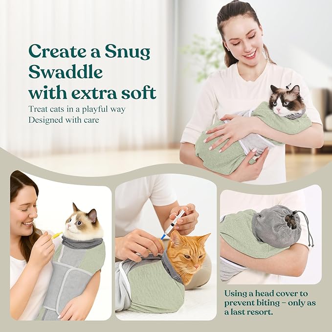 Supet Cat Grooming Wrap for Cutting Nails, Self-Adhesive Anti-Scratch Swaddle with Bite-Proof Mesh Hood & Thick Waist Strap Anti-Escape Bag for Nail Trimming, Medication, Ear Cleaning (Green L)