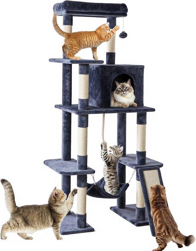 DUMOS 63 Inch Cat Tree Tower, Large Multi Level Cat Climbing Tower with Condo, Natural Sisal Scratching Posts, Extended Platform, Hammock, Pet House for Indoor Cats and Kittens Play, Dark Grey