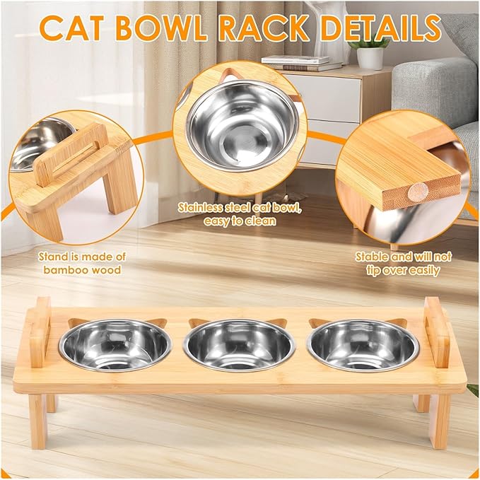 Stainless Steel Elevated Cat Feeder Bowl Stand with 3 Dishes for Dry Wet Food Water