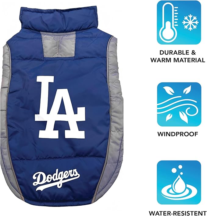 MLB Los Angeles Dodgers Puffer Vest for Dogs & Cats, Size Large. Warm, Cozy, & Waterproof Dog Coat, for Small & Large Dogs/Cats. Best MLB Licensed PET Warming Sports Jacket