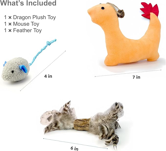 3 Pack Cat Toys for Indoor Cats - Silvervine & Catnip Toy Set with Feather, Plush Dragon Kick Toy, Mouse Toy for Chasing, Kicking & Chewing, Natural Cat Enrichment Toys