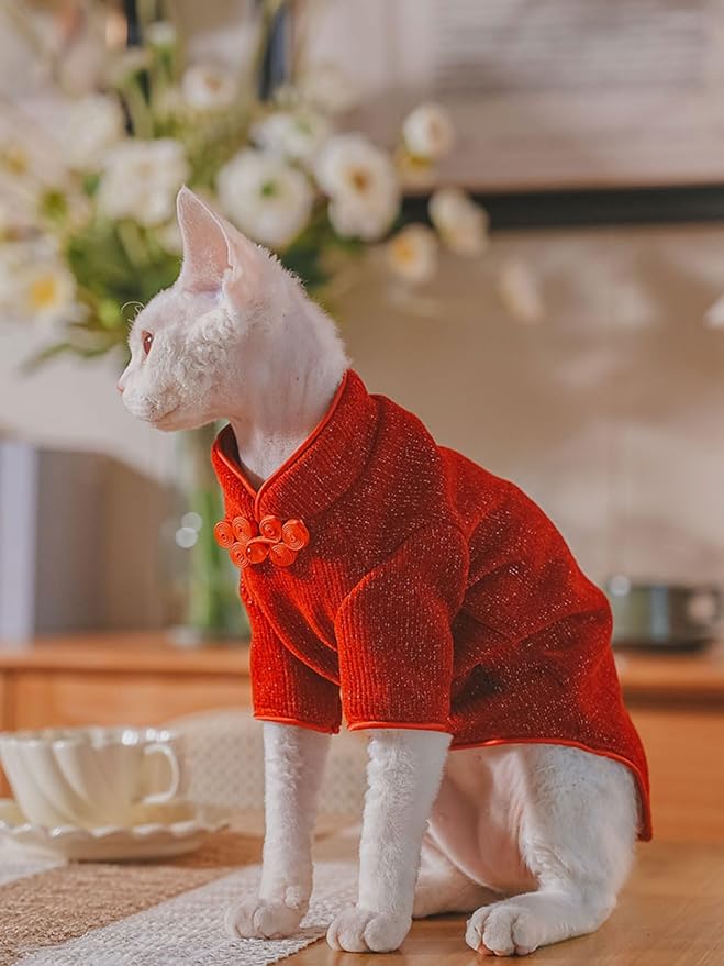 Traditional Culture Sphynx Hairless Cat Cotton T-Shirts Cat Clothes Pet Sweater Cat Vest Kitten Shirts for Cats & Small Dogs Apparel (Red Chi-Pao, L (7.5-8.8 lbs))