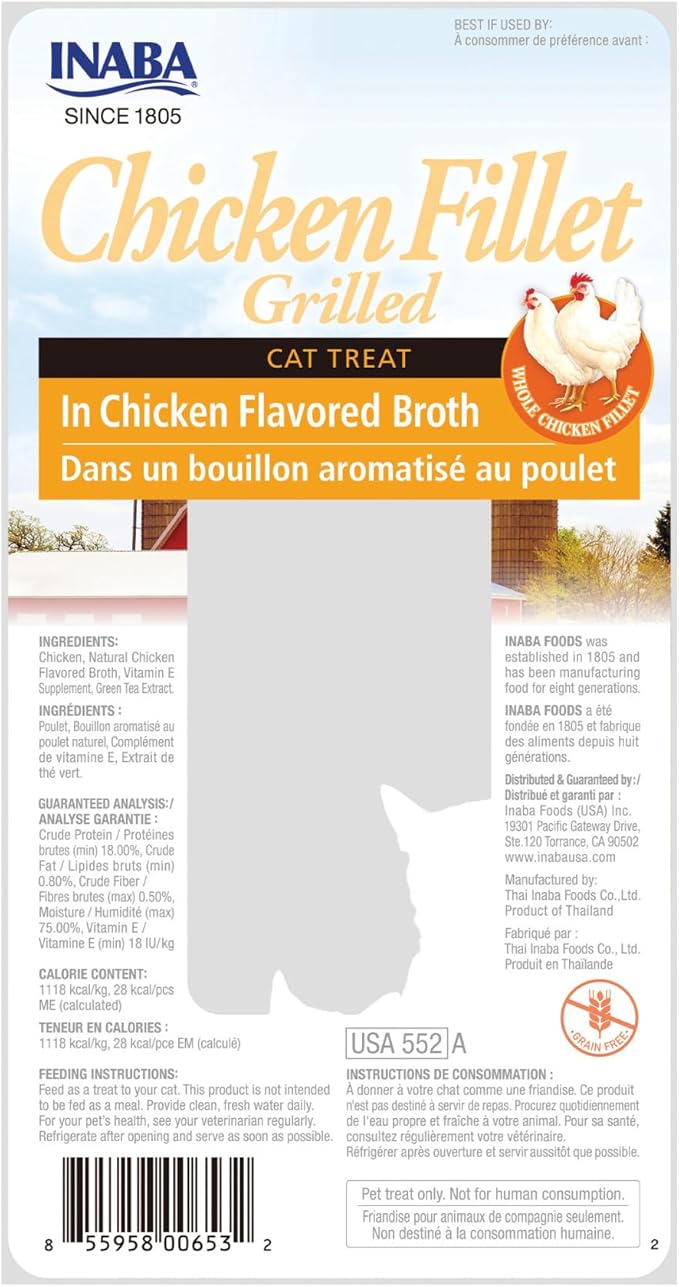 INABA Premium Hand-Cut Grilled Chicken Fillet Cat Treats/Topper with Vitamin E and Green Tea Extract, 0.9 Ounces Each, Pack of 6, Chicken Broth