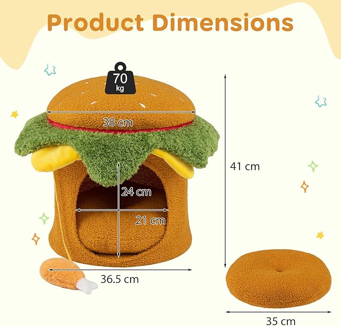 PETSITE 3-in-1 Burger-Inspired Cute Cat House, Multifunctional Cat Ottoman with Interactive Cute Chicken Drumstick-Shaped Toy and Removable Soft Cushion, Cat Hideaway Footstool for Indoor Cats