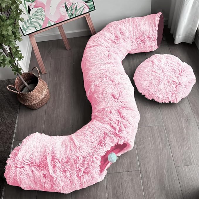 Cat Bed Tunnel Tube Toy Pink Plush Round, Collapsible Pet Tunnels for Indoor Cats, Interactive Toys Play Tubes with Hanging Ball for Kitty, Puppy, Rabbit for Fun Playtime & Exercise