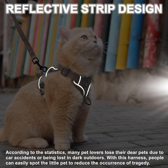 Cat Harness and Leash Set, Upgraded Escape Proof Adjustable Kitten Vest with Lead for Small Cat Outdoor Walking, Soft Breathable Mesh Jacket with Reflective Strips for Dark Night L Coffee Brown