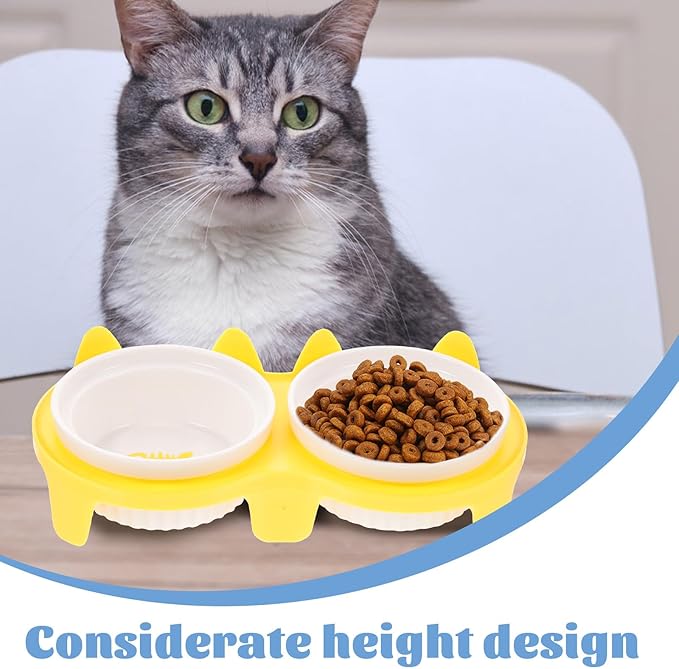 Ceramic Cat Bowl Set Elevated Dual Bowls with Yellow Thickened Non-Slip Stand, Tilted Design Protecting Neck for Small Cats and Kittens Feeding and Watering