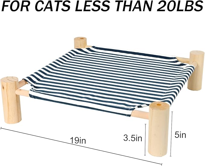Patas Lague Cat and Dog Hammock Bed for Small Dogs, Brethable Wooden Cat Pet Rabbit Elevated Cooling Outdoor Bed Cots Furniture for Summer Blue Stripe