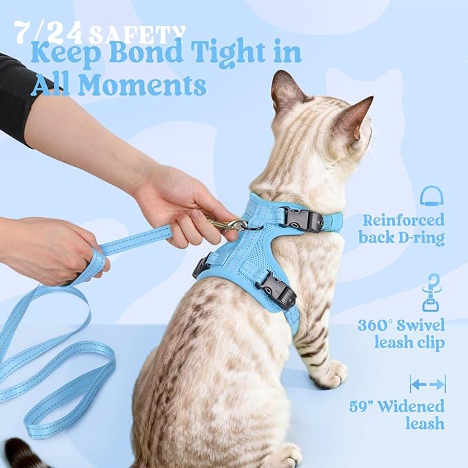 rabbitgoo Cat Harness and Leash, Escape Proof Vest with 3 Adjustable Buckles, Soft Comfortable Kitten Harness, Easy to Wear, Reflective for Safe Outdoor Walking, Small, Sky Blue