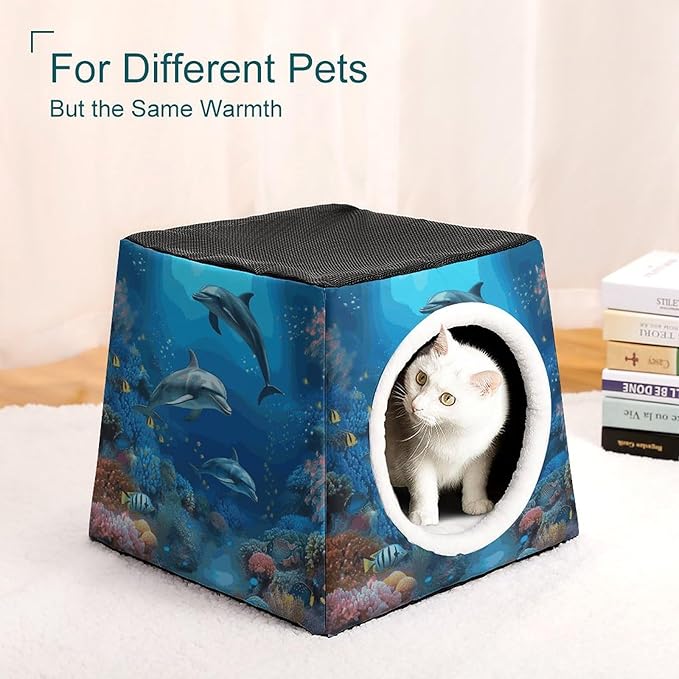 Cat Cave Cat Beds for Indoor Cats Underwater World Dolphins Coral Foldable Cat Hideaway with Washable Cushion and Non-Slip Base