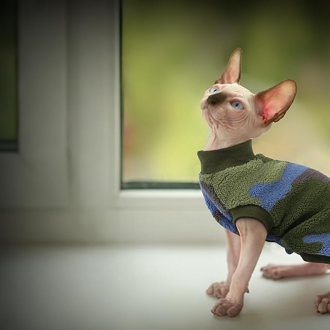 PUMYPOREITY Winter Warm Cat Sweater - Super Soft & Elastic Knit with Plush Fleece, Easy-On Design with Ribbed Neck & Cuffs, Stretchy Cat Outfit for Indoor/Outdoor Use,Green, L