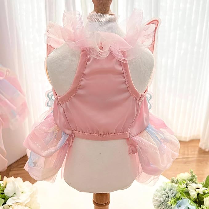BAMY Butterfly Wings Dog Dress Summer Pet Wedding Skirt Lace Princess Tutu Cute Party Cat Outfit for Small Medium Dogs (Pink, L (Chest 19.7inch/ 50cm))