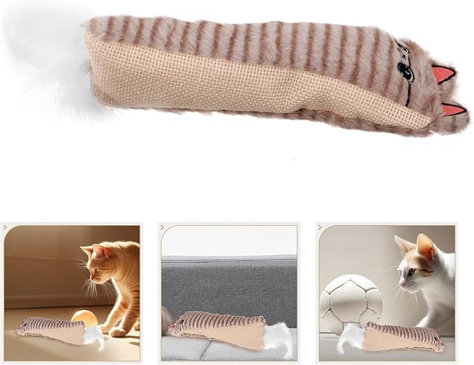 HOMSFOU Plush Catnip with Crinkle Paper for Cats Interactive Teething Chew for Kittens Gray Cartoon Cat Design for Play and Exercise