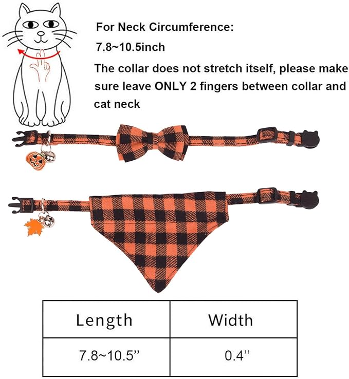 ADOGGYGO Holiday Cat Collars Breakaway with DIY Pumpkin Maple Charms, 2 Pack Halloween Thanksgiving Kitten Collar with Removable Bowtie Bandana, Plaid Bandana Collar for Kittens Cats