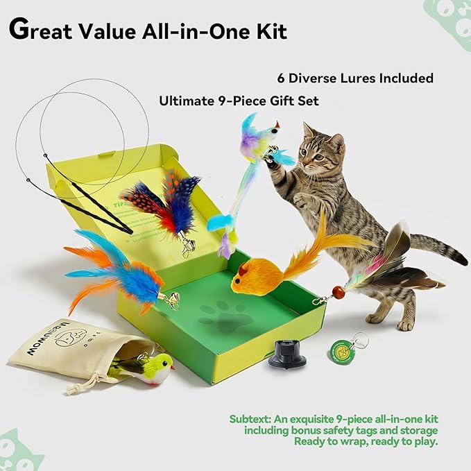 Upgraded Dual-Hole Suction Cup Cat Wand Toy - Single Base Holds 2 Steel Wire Wands - 9-Piece Interactive Teaser Set for Self-Play & Handheld, Perfect for Multi-Cat & High-Energy Kittens