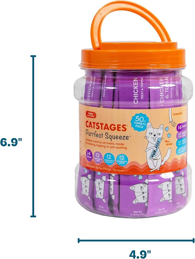 Catstages Purrfect Squeeze Lickable Cat Treats, Creamy Purée Squeezable Treat & Topper, 0.5 oz Tubes, 50-Count, 4-Flavor Variety Pack