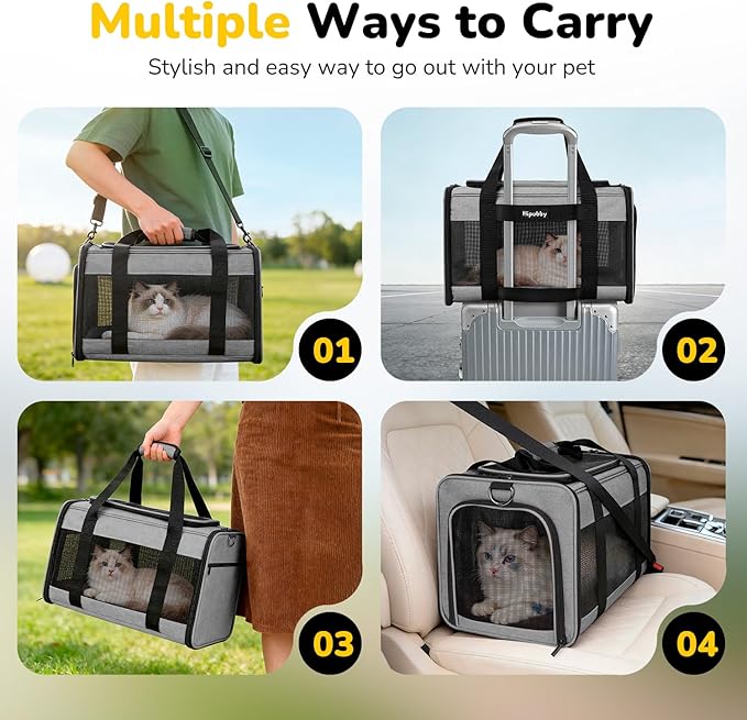 Hipubby Cat Carrier Dog Carrier for Pets Up to 16 Lbs, Soft-Sided Pet Travel Carrier for Cats and Small Dogs, Airline Approved Pet Carrying Case with Shoulder Strap & Removable Mat - Grey