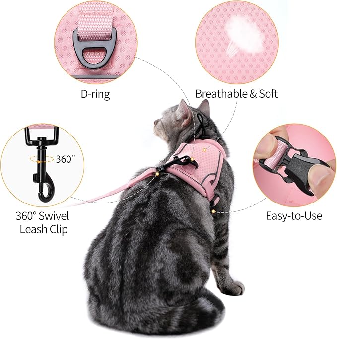 LIANZIMAU Cat Harness and Leash Escape Proof,Adjustable Cat Harness for Outdoor Walks with Reflective Strip, Lightweight and Soft Mesh Vest