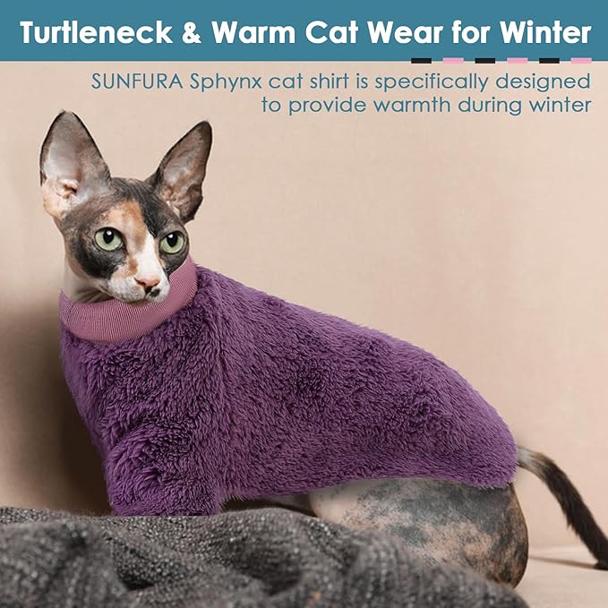 Sphynx Cat Sweater, Hairless Cats Turtleneck Pullover Kitten Sweaters for Cats Only, Warm and Soft Cat Pajamas Shirt with Sleeves Pet Winter Clothes Fleece Jumpsuit for Puppy, Purple M