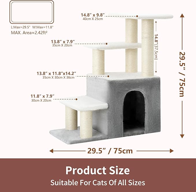 Heybly Pet Stairs for Cats, 29.5 inch High Dog Steps for Small Doggie Rabbits, 9.8''Depth Cat Stairs, Indoor Cat Ladders for High Bed for Pet's Joints, 1 Condo Cave, 6 Sisal Scratcher HSP002SGW