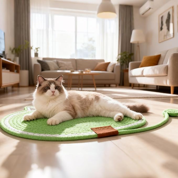 Cat Scratcher Mat Natural Cotton Rope Oval Horizontal Floor Cat Scratch Bed Pad with Ball Toy Protector for Furniture Floor Wall (Grey, 2 PC)
