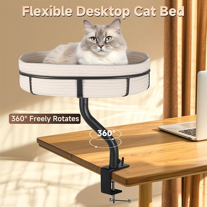Cat Desk Bed with 360° Rotating Mount Attachment - Space-Saving Cats Hammock for Home Office/Computer Desks, Washable All-Season Indoor Pet Nest - Comfortable Perch (13.5IN-17.5IN)