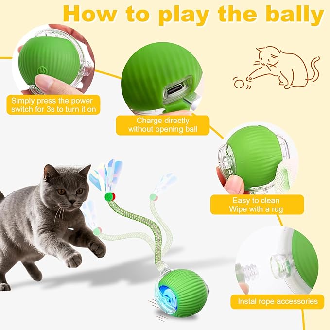 Interactive Cat Toys Ball for Indoor Cats&Dog,Automatic Cat Toy 360° Auto-Rotation Smart Obstacle Avoidance,Includes 1 Speedy Tail 2.0 Ropes,Cat Enrichment Toys for Indoor Cats (Green)