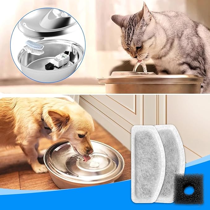 Cat Water Fountain Filters Replacement Compatible with ORSDA D30 67oz/2L Pet Water Fountains, 8 Pack Cat Fountain Filter & 4 Pack Replacement Pre-Filter Sponges for D30 Automatic Cat Fountain