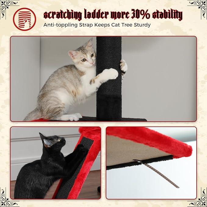 PETEPELA Floor to Ceiling Cat Tree, Gothic Cat Tower 5 Tiers Tall (83-108 Inches) Adjustable Height, Cats Climbing Tree Featuring with Condo, Scratching Post
