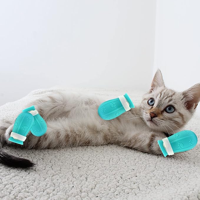 4PCS Cat Paw Protector Shoes, Adjustable Silicone Cat Shower Feet Cover for Home Pet Hospital Bathing Nail Trimming Treatment (Blue)