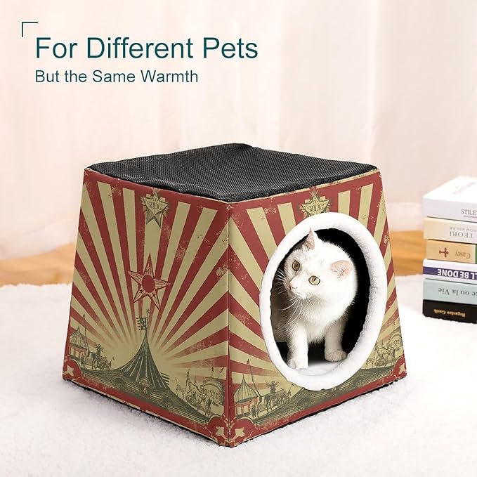Cat Cave Cat Beds for Indoor Cats Vintage Circus Background Foldable Cat Hideaway with Washable Cushion and Non-Slip Base
