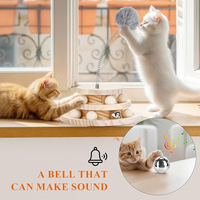 2-Tier Wooden Cat Ball Track Toy - Non-Toxic Cat Turntable with Removable Balls, Interactive DIY Circle Toy for Kittens & Cats Mental/Physical Exercise, Safe Natural Wood Kitty Roller