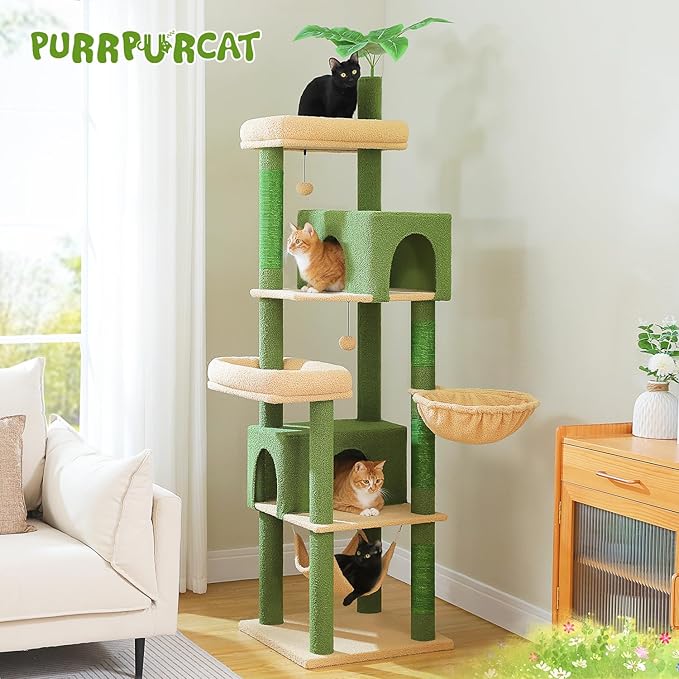 74.8" Cactus Cat Tree with Anti-Toppling Kit, Stable Multi-Level Cat Tower with Dual Condos, Sisal Scratching Posts & Deep Hammock, Large Cat Furniture for Multi-Cat Household, Grey