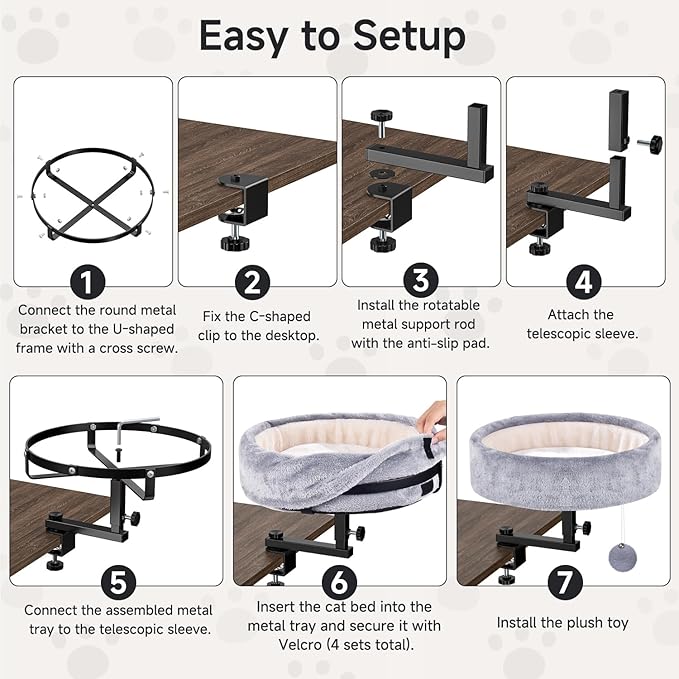 Chumajor Cat Desk Bed - 360° Rotating & Adjustable, Supports 50 lbs, Soft Faux Fur with Dual-Sided Reversible Mat, Modern Indoor Cat Nest Furniture for Office Desks and Game Tables, Island Table