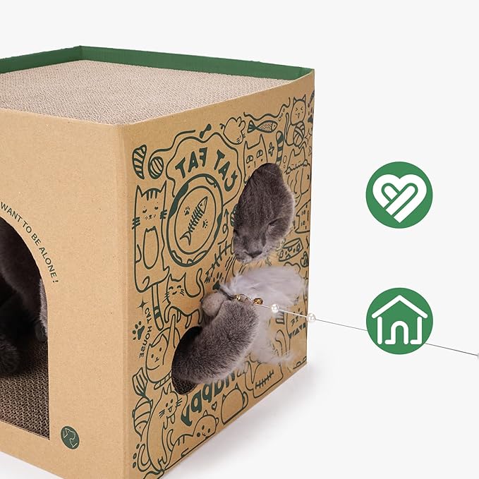 Cardboard Cat House with 2 Story Scratch Pads - Indoor Cat Play House, Corrugated Scratcher Box, Hideout for Small Animals