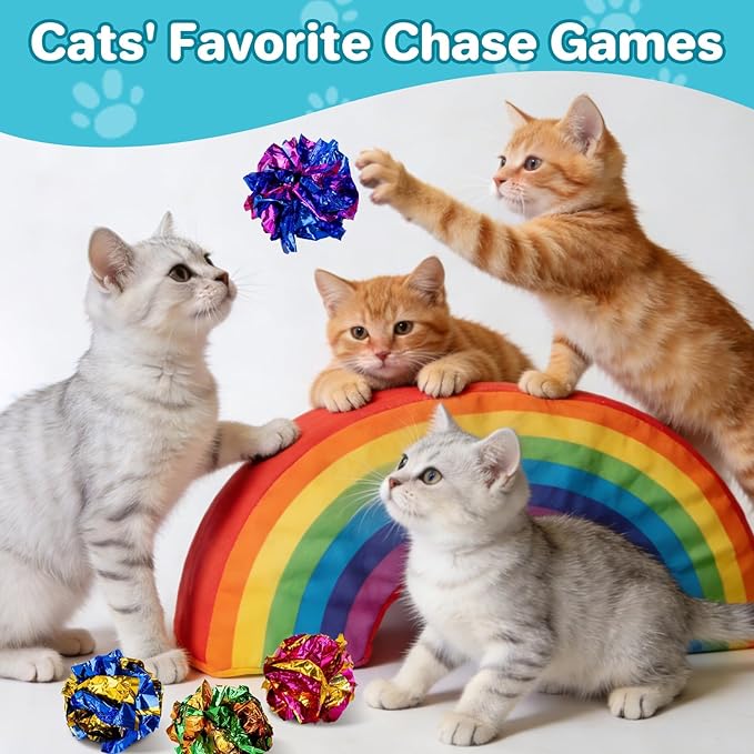 Multicolor Crinkle Balls for Cats – 10 Pcs RAINFLOW Durable Bulk Mylar Cat Crinkle Toy Balls Indoor Cat Toy Ball Stress-Relief for Kittens, Adult Cats, Multi-Cat Homes Indoor Play,Loud & Crunchy