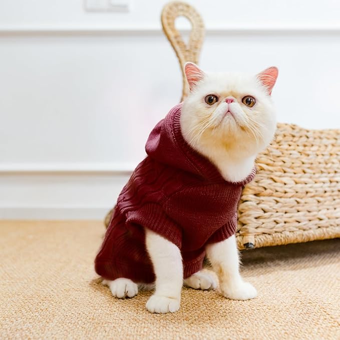 PUPTECK Winter Dog Cat Sweater Coat - Soft Cold Weather Clothes Knitwear for Kitties & Small Dogs Indoor Outdoor Walking Warm, Knitted Classic for Doggies Kitties Girls Boys, Dark Red M