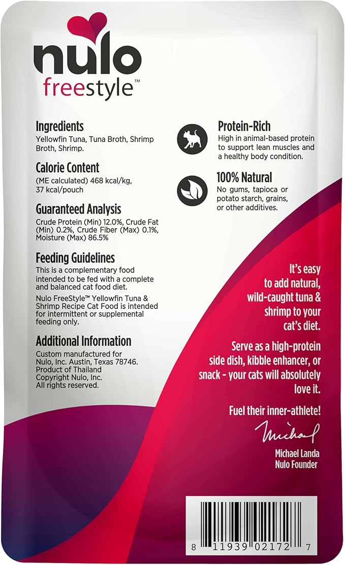 Nulo Freestyle Cat & Kitten Wet Cat Food - Yellowfin Tuna & Shrimp in Broth, Grain-Free, High Protein Soft Food Topper Treat, 2.8oz Pouches (Pack of 24)
