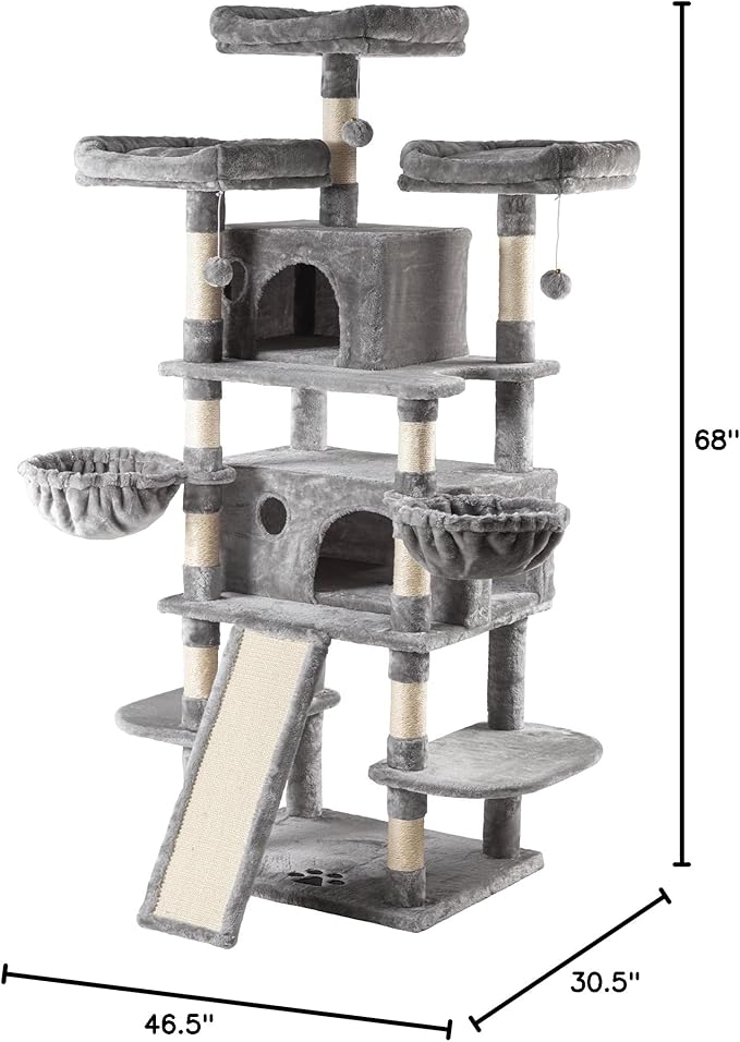 IMUsee 68 Inches Multi-Level Large Cat Tree for Large Kitties/Big Cat Tower with Condo/Cozy Plush Perches/Sisal Scratching Posts and Hammocks/ Feline Activity Center Play House/Grey
