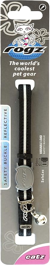 Rogz Reflective Nylon Cat Collar with Breakaway Clip and Removable Bell, fully adjustable to fit most breeds, Black
