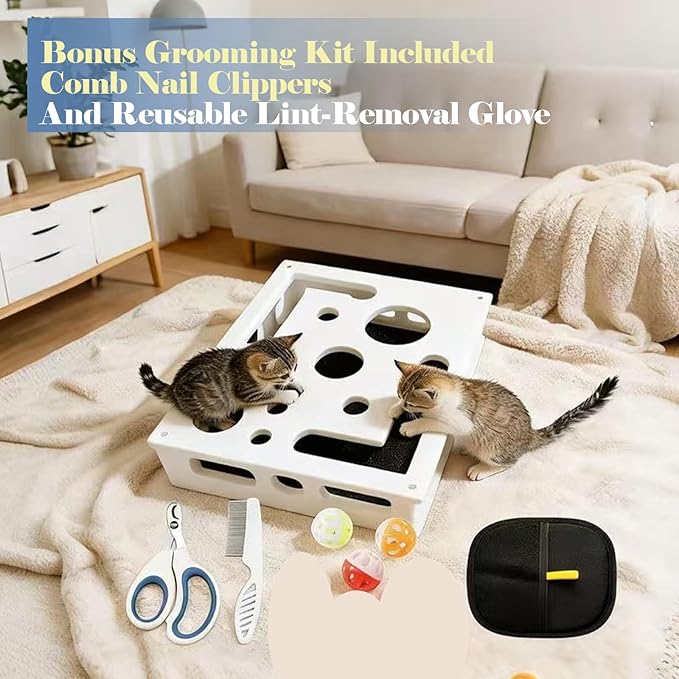 Cat Nail File Puzzle Enrichment Box, Wooden Cat Scratch Puzzle Box with Sandpaper Inside, Cat Scratch Puzzle Enrichment Box Nail File, Stress-Free Alternative to Clippers and Grinders for Indoor Cats