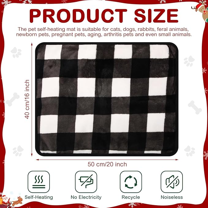 HunnmingRe 2 Pack Self Warming Cat Bed Self Heating Dog Pad Cat Warming Pad Thermal Pet Mat Washable Reflect Body Heat Removable Cover for Indoor Kittens Puppies (Black White Plaid,16 x 20 Inch)