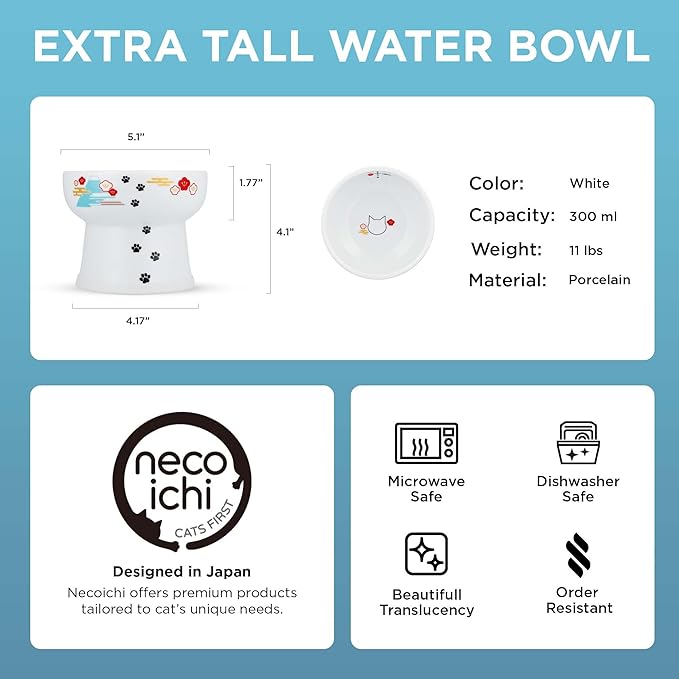 Necoichi Elevated Cat Water Bowl – Ceramic Raised Cat Bowl, Prevents Neck & Whisker Fatigue – Dishwasher & Microwave Safe – Pet Water Bowl for Cats (Fuji, Extra Tall)